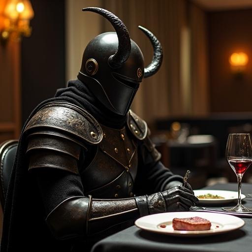 A mysterious warrior sits at a fine dining table in a luxurious restaurant setting. The warrior wears a weathered black cloak and matte black armor. The figure is holding a wine glass. The table is set with bone china and a wagyu steak. The ambiance features candle sconces and velvet drapes. The photograph is shot from a low angle, capturing the warrior's imposing presence.