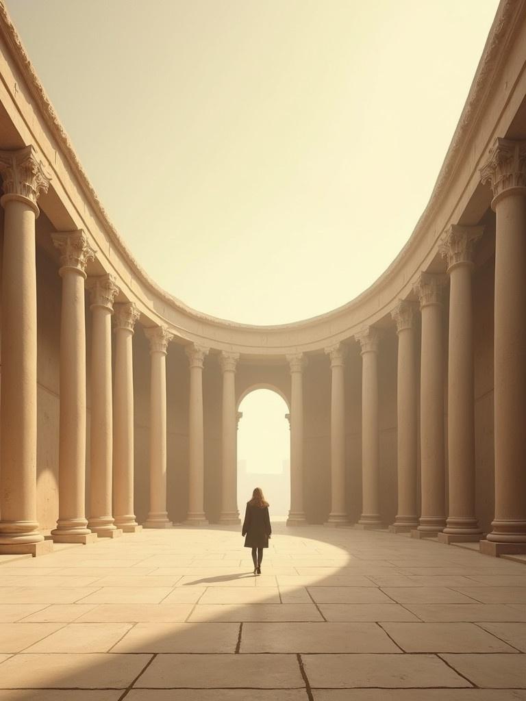 A solitary figure walks through a vast ancient circular courtyard. Tall columns rise majestically around the space. The sky above is painted in sepia tones. The ground is smooth and expansive. This image captures a moment of reflection in a beautifully designed historical setting.