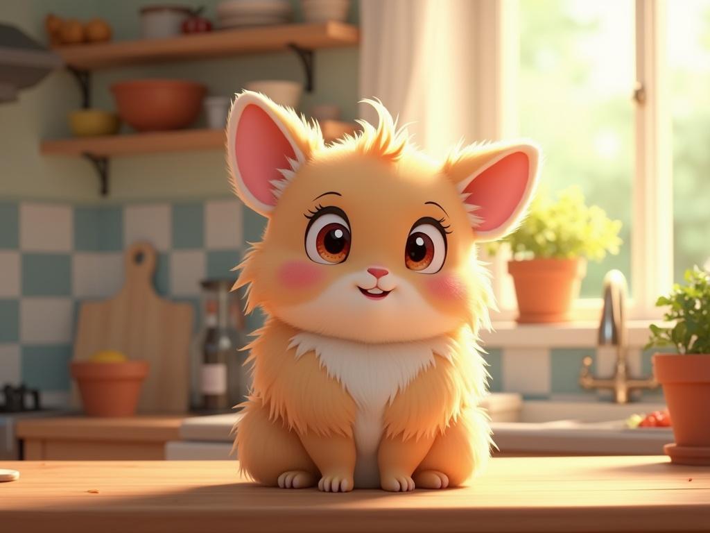 A cute animated character with big, expressive eyes and fluffy fur sits on a kitchen counter made of wood. The character has large ears and a small tuft of hair on its head, giving it a playful appearance. In the background, a cozy kitchen scene unfolds with soft-colored walls and a warm light from a nearby lamp. There are various kitchen items scattered around, adding to the homely vibe. The overall atmosphere is cheerful and inviting, making it a delightful space for this adorable creature.