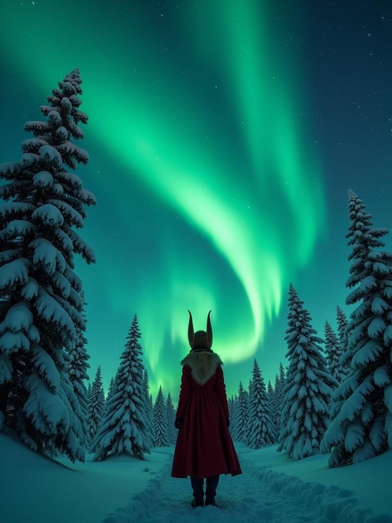 A figure dressed as an elf stands in a snowy forest. The sky is filled with vibrant Northern Lights. Snow-covered trees surround the scene. The elf has horns and wears a red coat. It is a mystical, winter landscape.