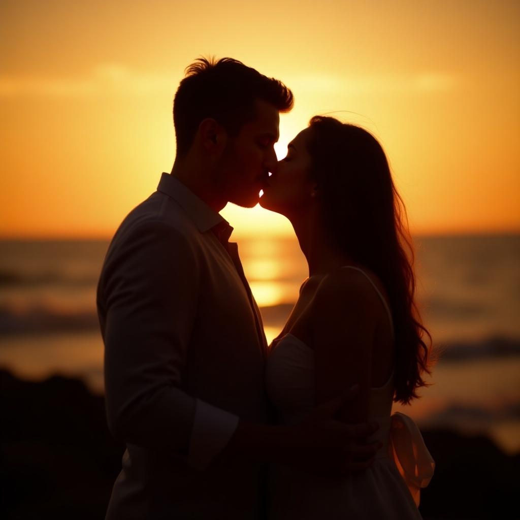 Couple sharing an intimate moment during sunset. Beach shoreline in the background. Warm colors fill the sky. A soft kiss captured in silhouette.