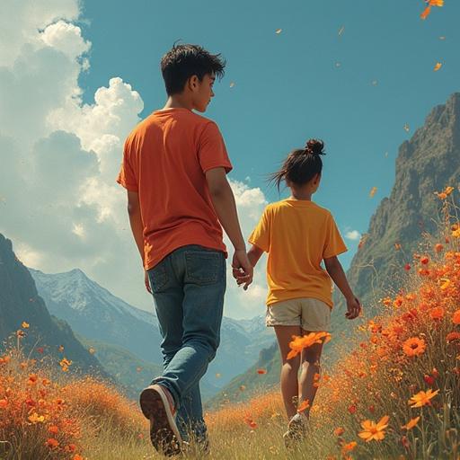 Two children walk through a scenic flower field. The landscape includes vibrant orange flowers and mountains. Bright sunlight illuminates the scene creating a joyful atmosphere.