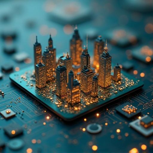 Microscopic cityscape situated on the surface of a microchip. Buildings resemble skyscrapers made of circuits and lights. Detail highlights the intersection of technology and urban life.
