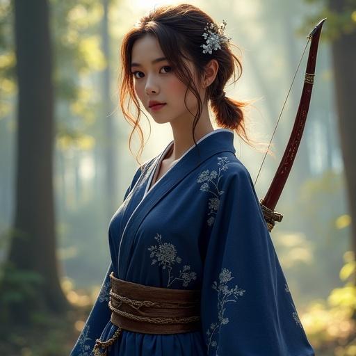 Female scout named Clarisse with porcelain-like skin. Wearing deep indigo kimono with silver embroidery and elegant slits revealing slender waist. Chestnut brown wavy hair side-swept with kanzashi hairpin. Carries lacquered yumi bow and trap pouch. Set in peaceful misty forest at dawn with soft sunlight.