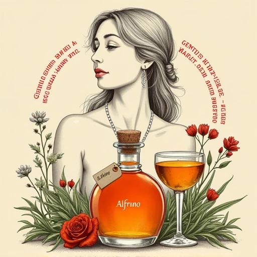 Stylized illustration of an apothecary bottle with herbal liqueur. The bottle has a cork lid and a tag that reads ALFRUNO. Flanked by stemmed glasses filled with the same liquid. Surrounded by green herbs and flowers. A large line drawing of a venus figure above the bottle. Muted beige background with red circular text.