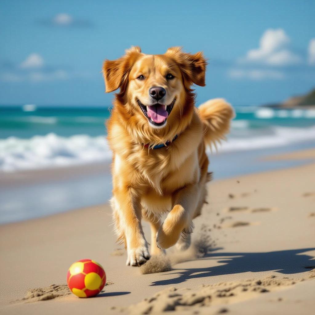 A golden retriever runs on the beach chasing a ball. The dog has a fur color of golden hue. The beach has light brown sand. The sea is visible in the background with blue waves. The sky is clear with a few clouds.