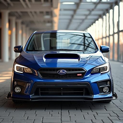 Showcase a front view of a modified Subaru WRX in a modern setting. Highlight the aggressive design elements. Emphasize the car's color and features such as the hood scoop and sporty details.
