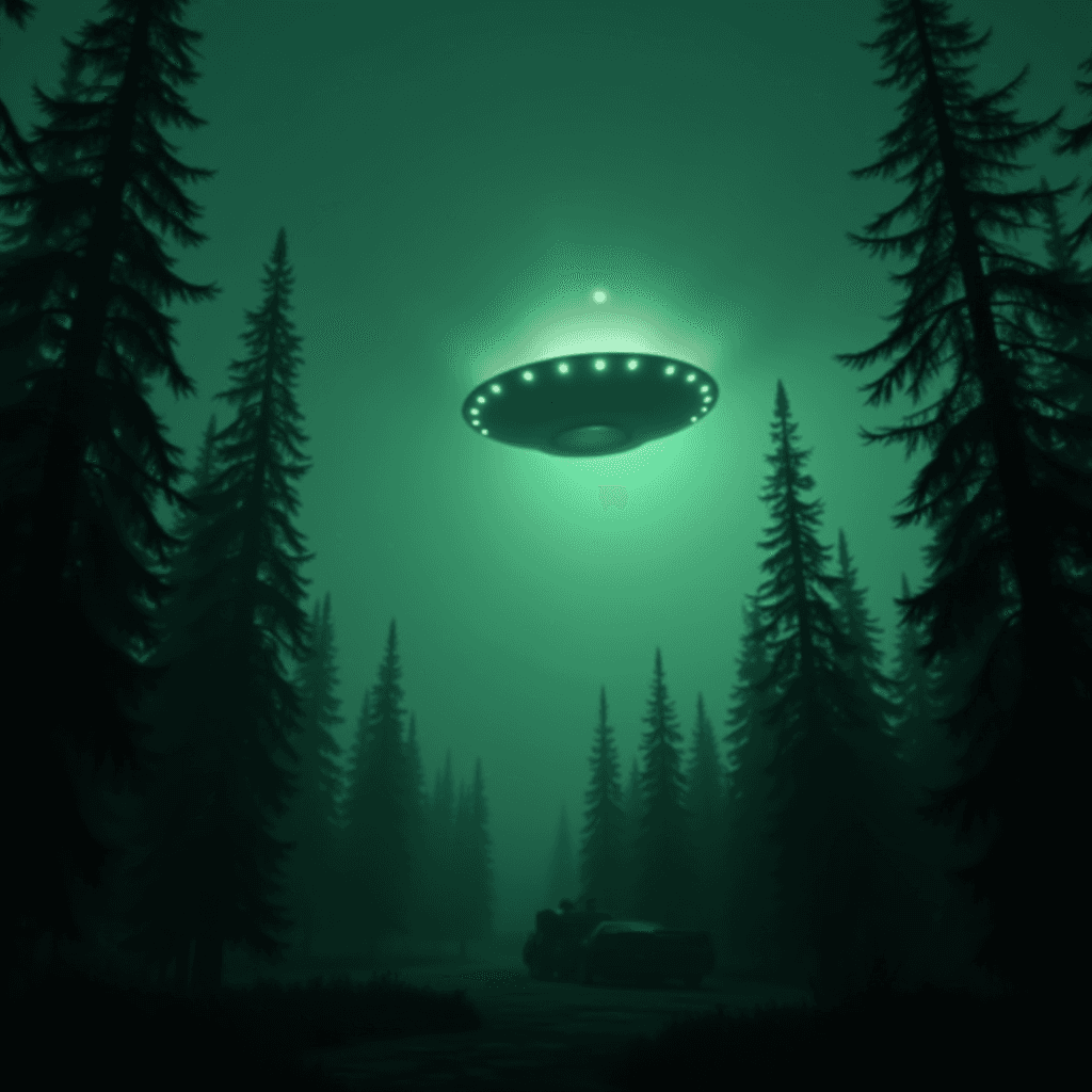 A UFO hovers silently above a foggy forest, casting an eerie green glow.