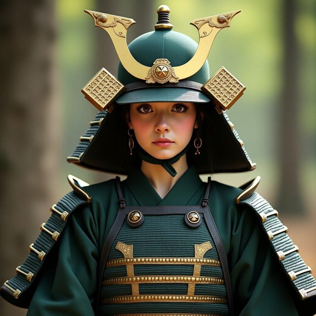 Japanese warrior in traditional samurai armor. The warrior is female and wears green and gold attire. The armor features distinctive patterns and is complemented by traditional accessories.