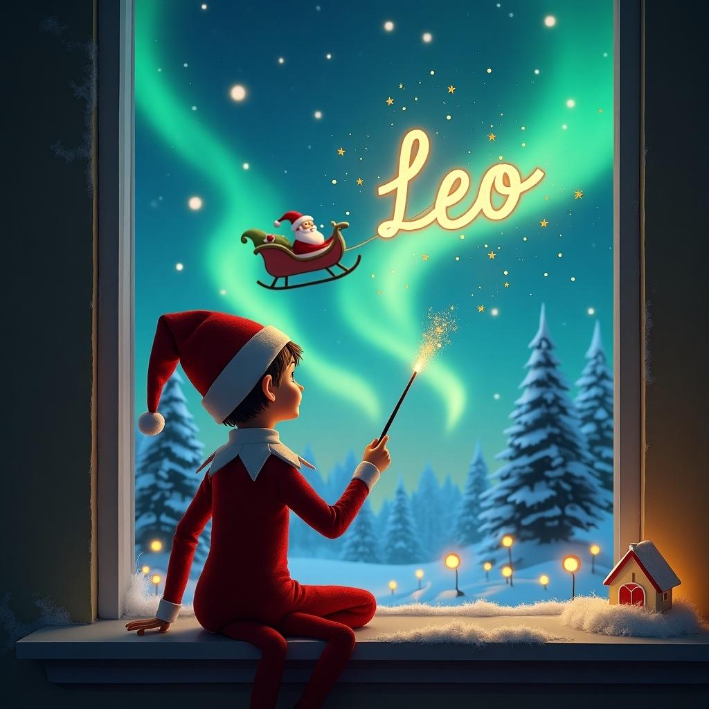 The image features an elf on the shelf, positioned with his back to the viewer while gazing up at the magical sky. He is using a wand to write the name 'Leo' amidst a backdrop of northern lights. In the distance, Santa is visible in his sleigh, adding a festive touch to the scene. The window ledge is adorned with snow and twinkling lights, creating a warm, cozy atmosphere. This enchanting holiday scene captures the spirit of Christmas and imagination.