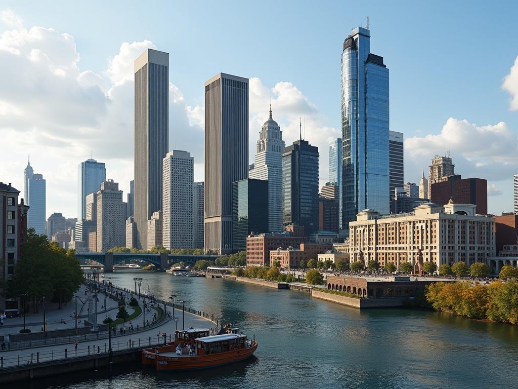 Downtown Hanpaa skyline featuring a mix of 1970s brutalist towers and modern glass high-rises. Focus on Hanpaa Steel Tower and Riverwalk Plaza along the Hanpaa River.