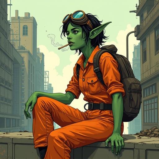 An illustration in comic book style with bold outlines and dynamic cel-shading features an elf woman with green skin and pointed ears. She wears a practical orange jumpsuit suggesting a worker or pilot role. Short messy hair and aviator goggles on her head enhance her industrial look. Sitting on a ledge in an urban setting smoking a cigarette, contributing to a rebellious vibe. The background shows a dilapidated cityscape with gray and brown tones, contrasting her bright outfit.