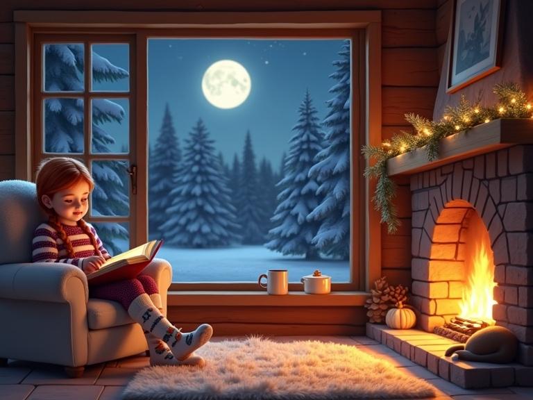 Cozy winter evening inside a wooden cabin. A girl with red braided hair sits on an armchair near a glowing fireplace. She wears a striped sweater and warm socks. Reading a book peacefully. Room is softly lit by the fireplace with Christmas lights. Large window shows snow-covered pine trees and a bright full moon. Fluffy rug underfoot. Hot cocoa mugs on side table. Peaceful cat sleeping nearby.