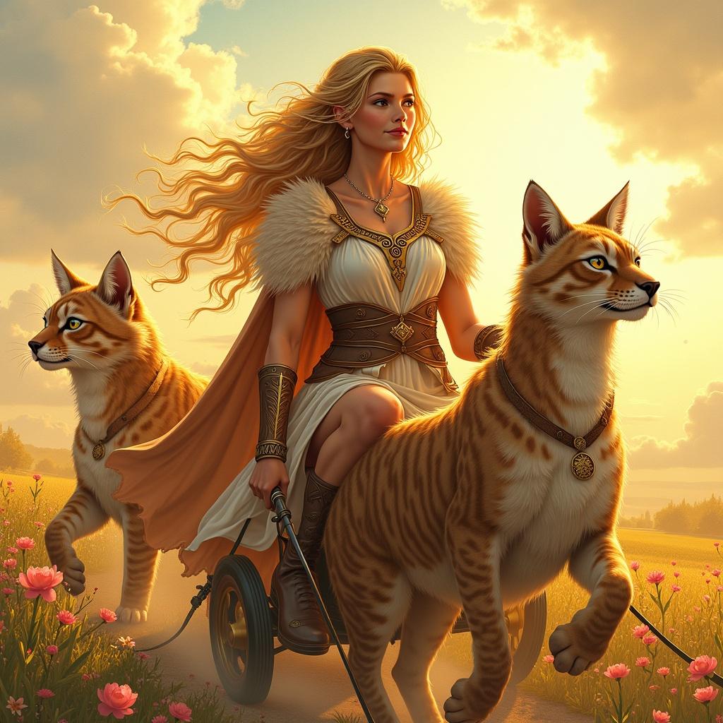 Illustration of Freya in a golden chariot pulled by two large cats. Surrounded by bright flowers and warm light. Features Brísingamen necklace and falcon feather cloak. Freya has a confident demeanor.