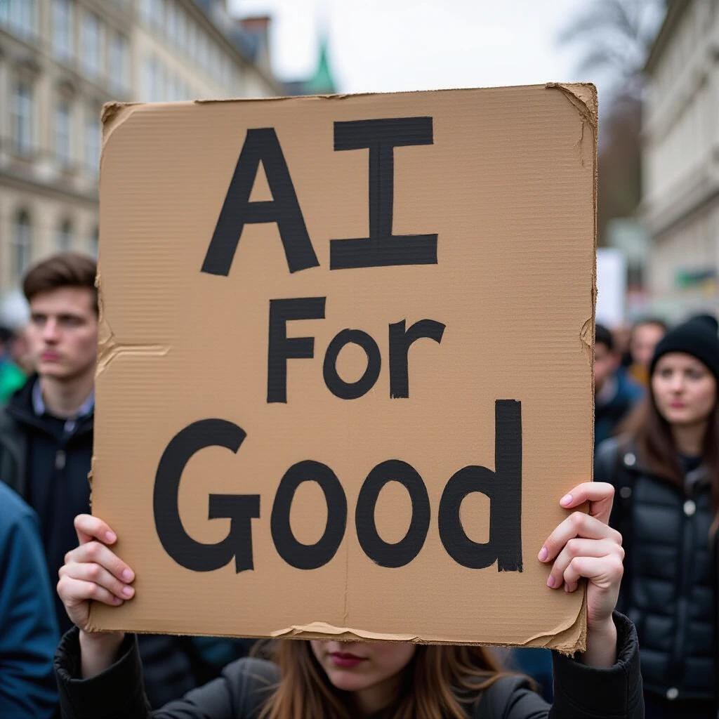 A photograph shows a protestor holding a cardboard sign that says 'AI For Good'. The sign is designed in bold, handwritten letters. The protestor stands within a crowd. The setting appears to be an outdoor event. The atmosphere reflects purpose and determination.