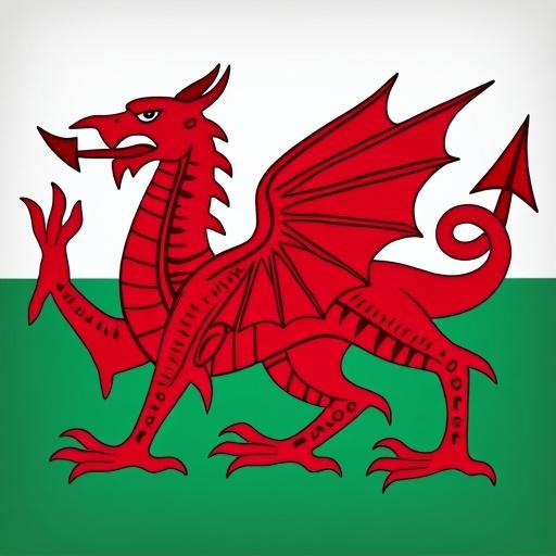 A red Welsh dragon depicted in a classic pose. Background displays the colors of the Welsh flag with red on top and green below.
