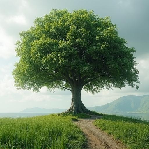 Image of a large tree with a wide canopy against a scenic backdrop. The ground is lush with grass, and there is a winding path leading to the tree. Mountains can be seen in the distance under a cloudy sky.