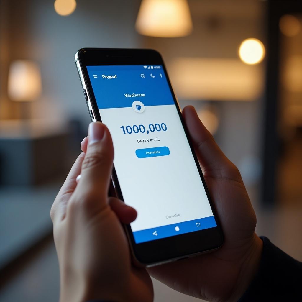 A person is holding an Android phone with the PayPal app open. The displayed balance shows one million dollars. The setting is modern and cozy.