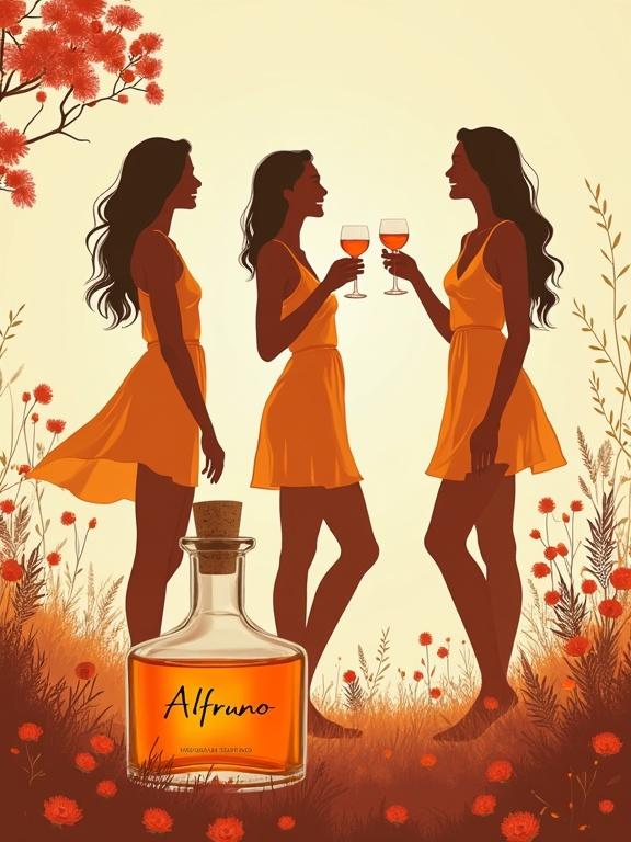 Minimalistic screen printing artwork depicts silhouettes of women in luxurious garden. Three goddess-like figures wear golden-reddish dresses, toasting with glasses. Lower bottle labeled 'ALFRUNO' radiates glow. Soft background with roses and wildflowers creating an atmosphere of indulgence.