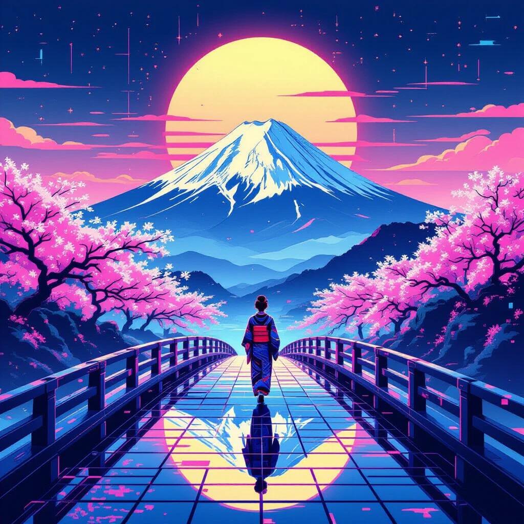 Digital floating world features Mount Fuji in the background. Stylized sakura trees bloom alongside a glitchy bridge. An ancient kimono figure walks across it. The scene glows with pink and blue gradients. A retro grid horizon is visible. A VHS-style sun casts a shine over the tranquil setting. The atmosphere evokes surreal qualities with a blend of Ukiyo-e ink details and vaporwave glow.