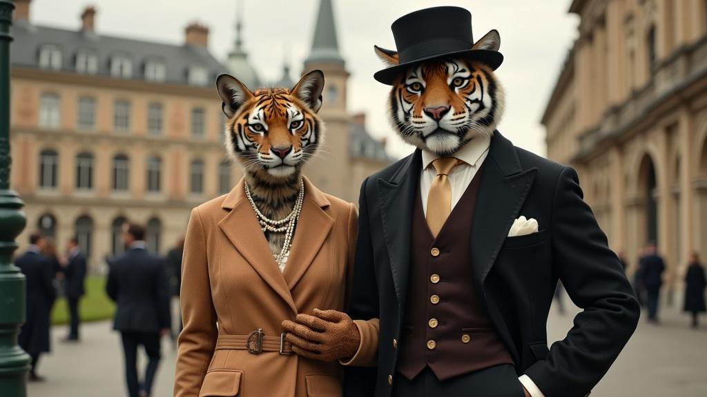 Classic fashion scene in a city park with humanoid tiger lord and humanoid puma girlfriend. Inspired by 1920s vintage clothing and period-accurate setting. Flapper dresses and tailored suits on the couple. Showcases urban atmosphere and historical architecture.