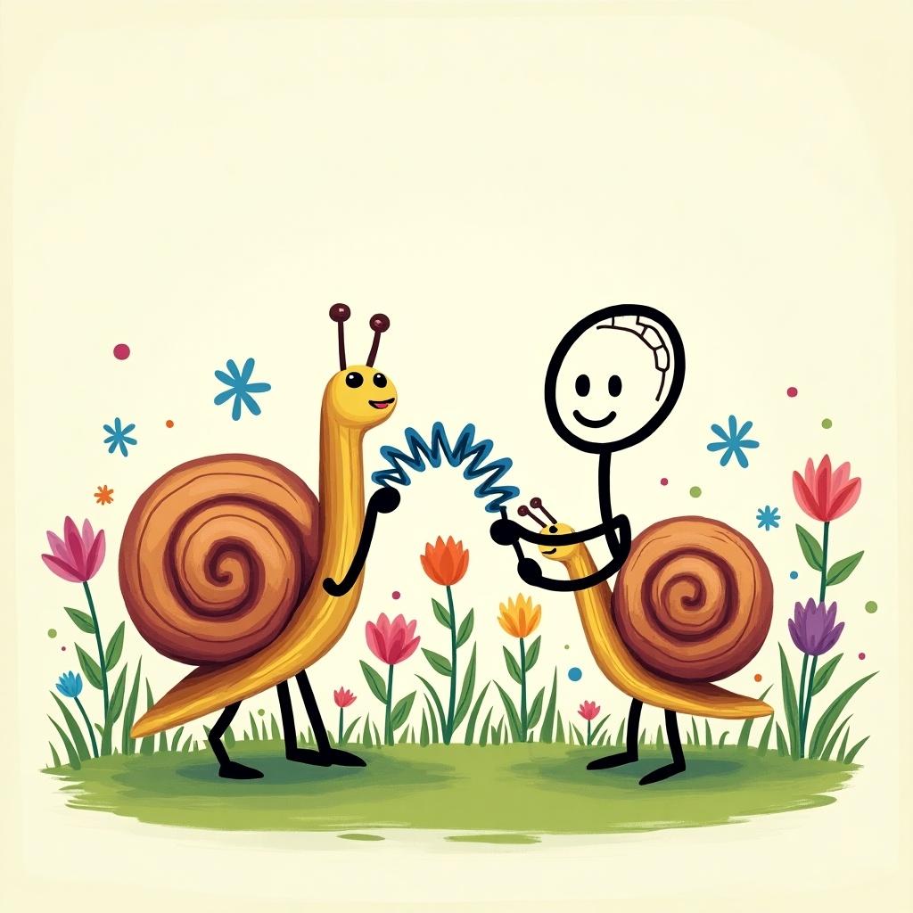 In a whimsical illustration, two cartoon-style snails are depicted in a colorful garden. One snail is handing over a coiled piece of material to the other. A cheerful stick figure is present, engaging with the snails. The background consists of bright flowers and a light-colored backdrop. The overall mood is playful and friendly, inviting viewers to explore the concept of genetic exchange in a fun way.