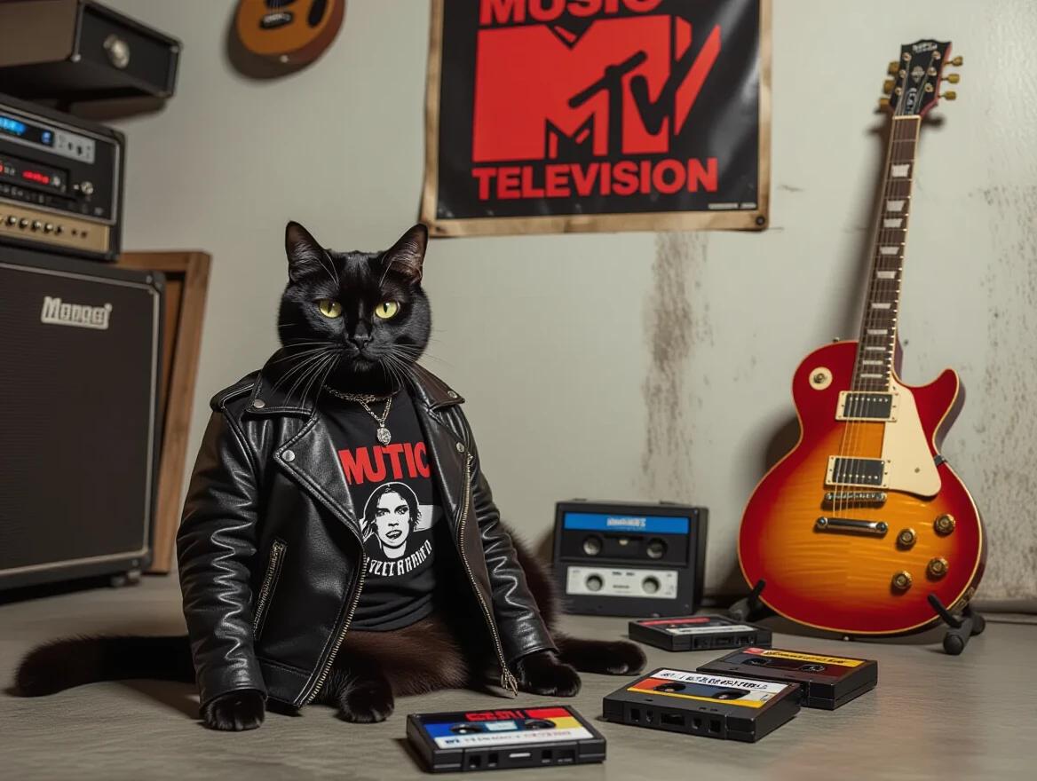Black cat dressed in leather jacket and band t-shirt. Cat posed in garage setting. Vintage MTV poster on the wall. Cassette tapes scattered around. Electric guitar leaning against the wall. Moody atmosphere reminiscent of the 90s.