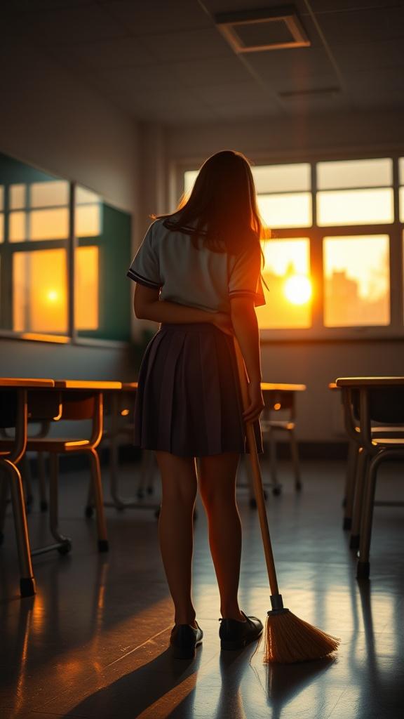 This evocative image captures a solitary figure standing in a classroom during the golden hour. The individual, possibly a student, holds a broom, gazing out at the sunset through large windows that illuminate the room with a warm, orange glow. The lighting casts elongated shadows, enhancing the tranquil and reflective atmosphere.