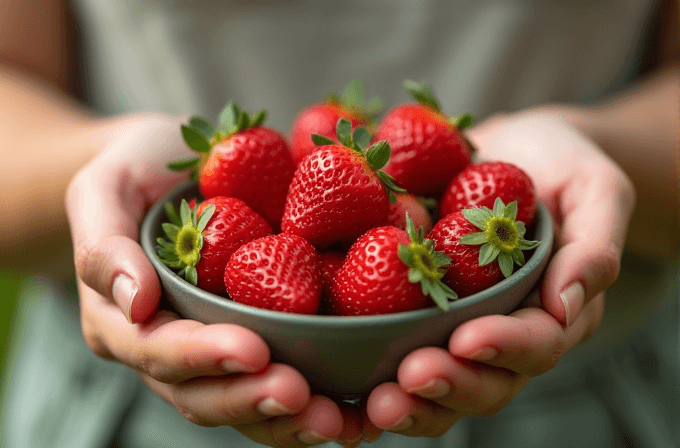 A person holds a bowl filled with ripe, red strawberries.