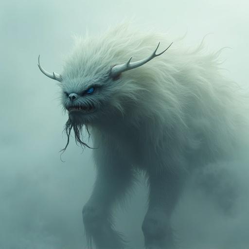 Creature named Gruzzer surrounded by clouds. Features off-white, black, and dull-blue colors. Artistic style is fantasy creature art.