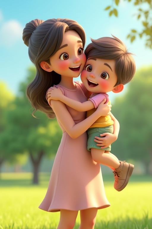 3D animation showing a mother and her 4-year-old child in a sunny park. Mother in pastel dress hugs child. Child wears colorful clothes. Both are smiling, showing love. Green trees and blue sky add a peaceful feeling.