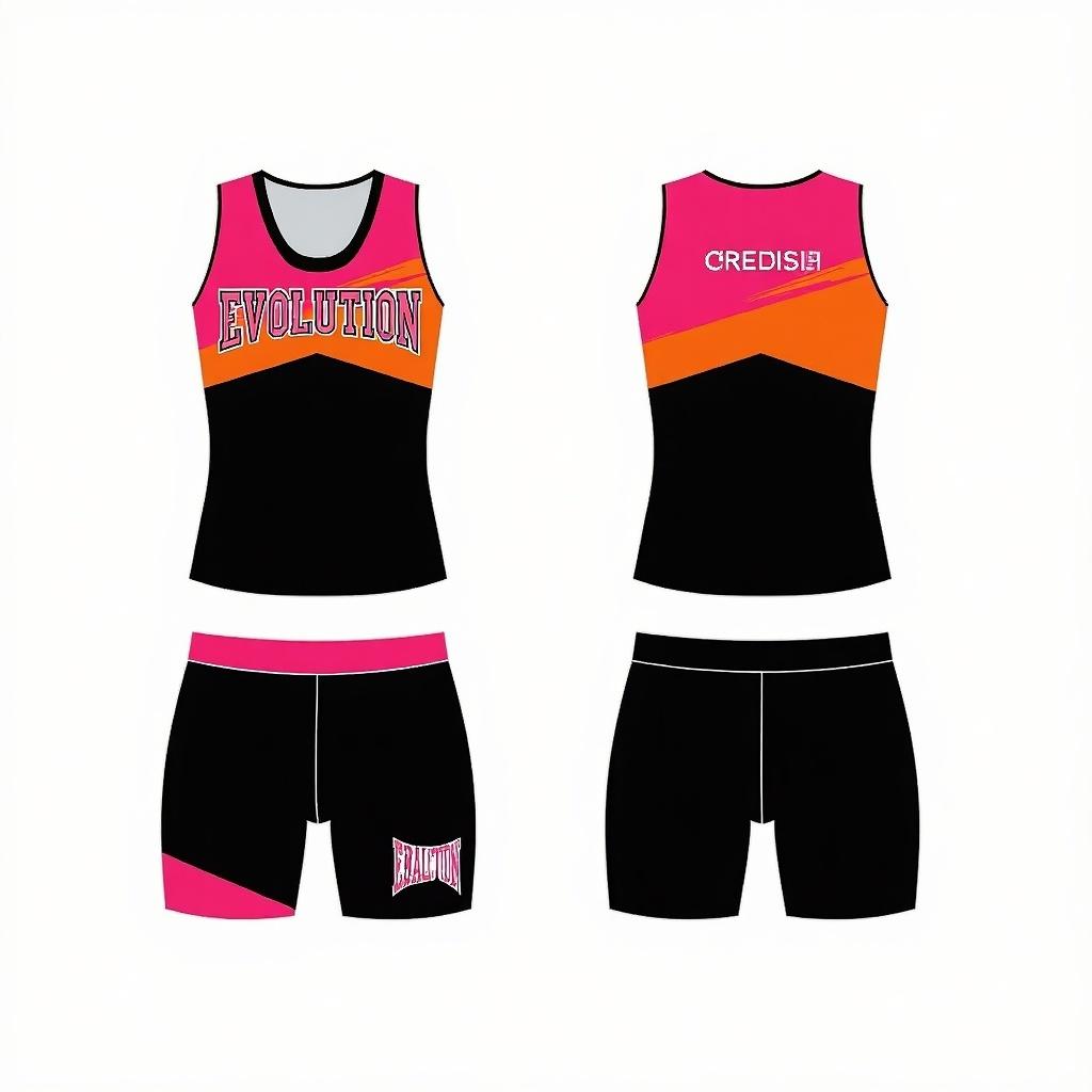 Cheerleading uniform designed with black, orange, and pink colors. Uniform includes a top and shorts with the name 'Evolution'.