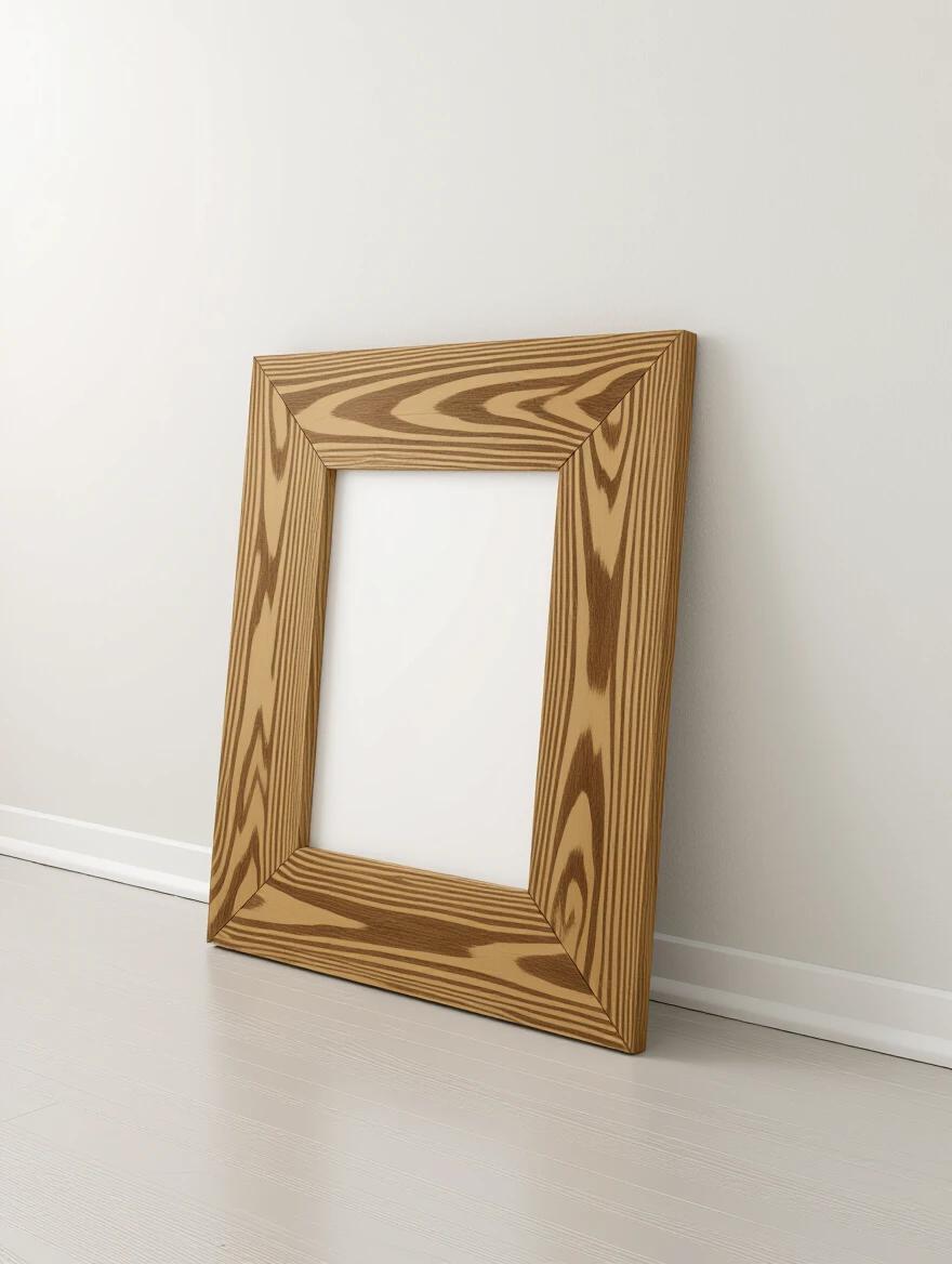 A slim wooden picture frame is standing on the floor against a light colored wall. The frame has a natural wood finish and a simple yet elegant design.