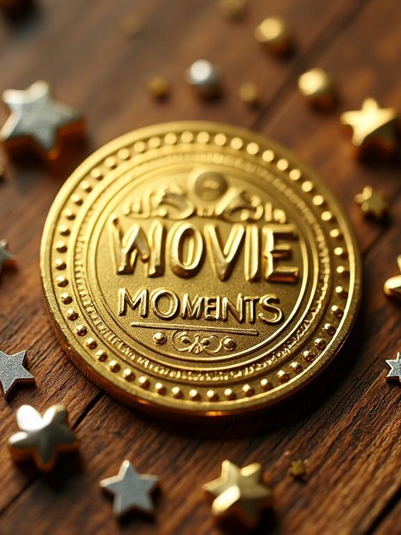A gold coin featuring the title 'MOVIE MOMENTS'. Coin placed on a wooden surface surrounded by small stars.