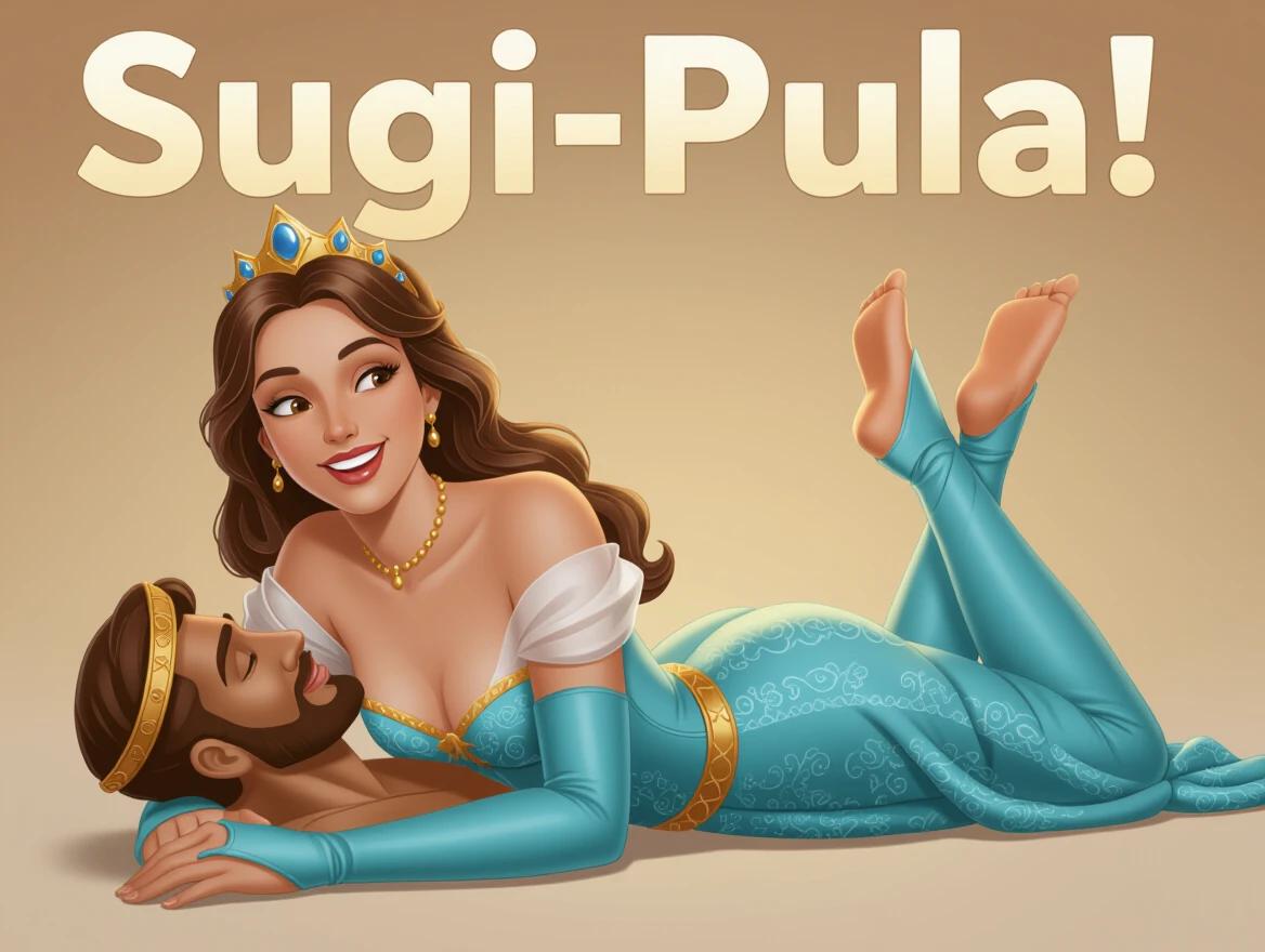 Realistic 3D image of a smiling princess lying on her back. Warm gradient background with text 'Sugi-Pula!' above a male character. Emphasis on character design and friendly expression. Naked character art.