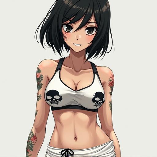 Anime girl with thin black eyes and short black hair. Embarrassed expression with a skull tattoo on her face. Wearing a tight sports bra and a white skirt with a superior smile.