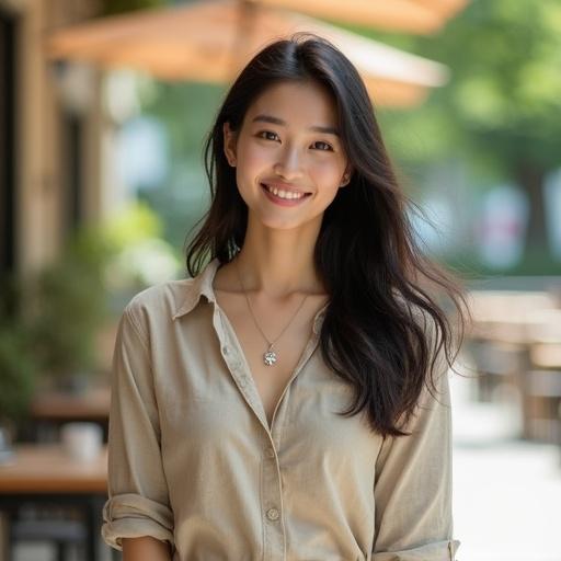 Portrait photograph of Japanese woman in her twenties. She has a slender build. Wearing beige linen shirt and dark wash jeans. Long dark hair cascading over shoulders. Small silver cherry blossom pendant. Warm smile directed at camera. Background features a sun-drenched cafe patio with greenery and warm tones.