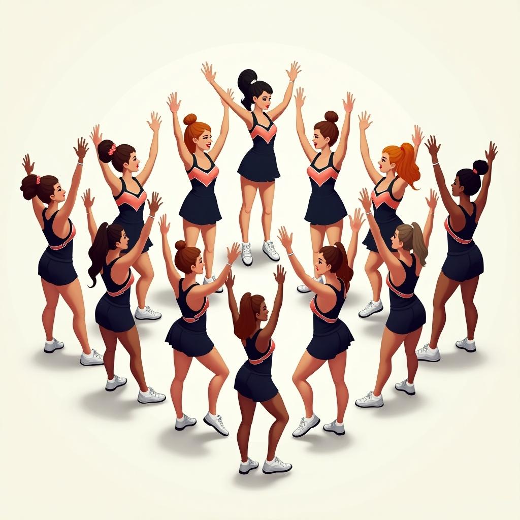 Design of a cheerleading formation for 20 people in a vibrant style. A central cheerleader stands out with hands raised. Other cheerleaders form a circle, all with arms raised. Cheerleader outfits include skirts and sporty tops. Diverse skin tones add representation. Soft background enhances focus on the group.