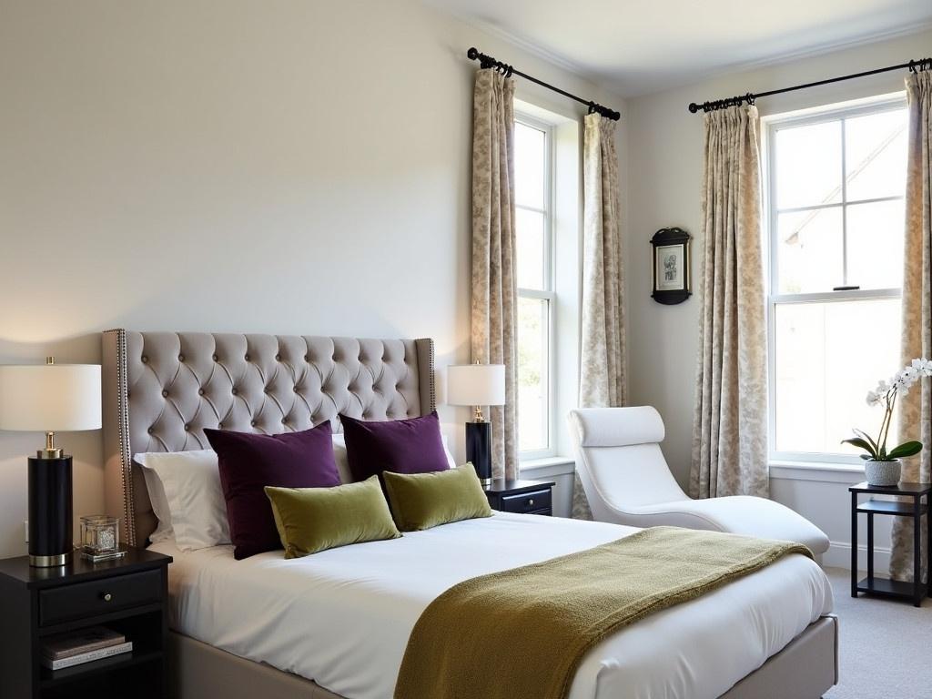 The image shows a beautifully decorated modern bedroom. The bed features a stylish tufted headboard with an array of decorative pillows in various colors, including deep purples, greens, and golds. There are two elegant bedside tables with black lamps featuring white shades on either side of the bed. The room is bright and airy, with large windows covered by light floral curtains, letting in plenty of natural light. In the corner, there's a cozy seating area with a white chaise lounge and a small black coffee table. A decorative plant and a vase with orchids add a touch of greenery to the room, enhancing its tranquil and inviting atmosphere.