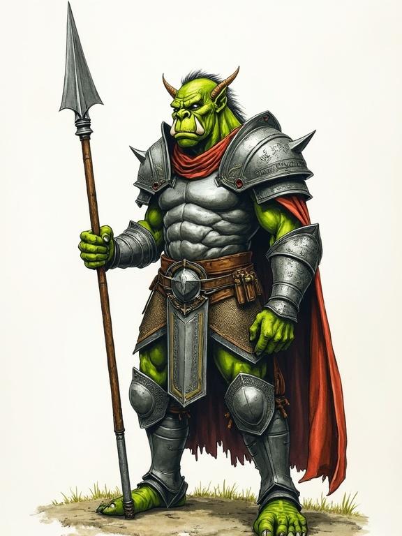 Orc warrior stands holding a javelin. He wears metal armor with a red cape. The orc has tusks and muscular build. The artwork combines ink and watercolor techniques for fantasy theme.