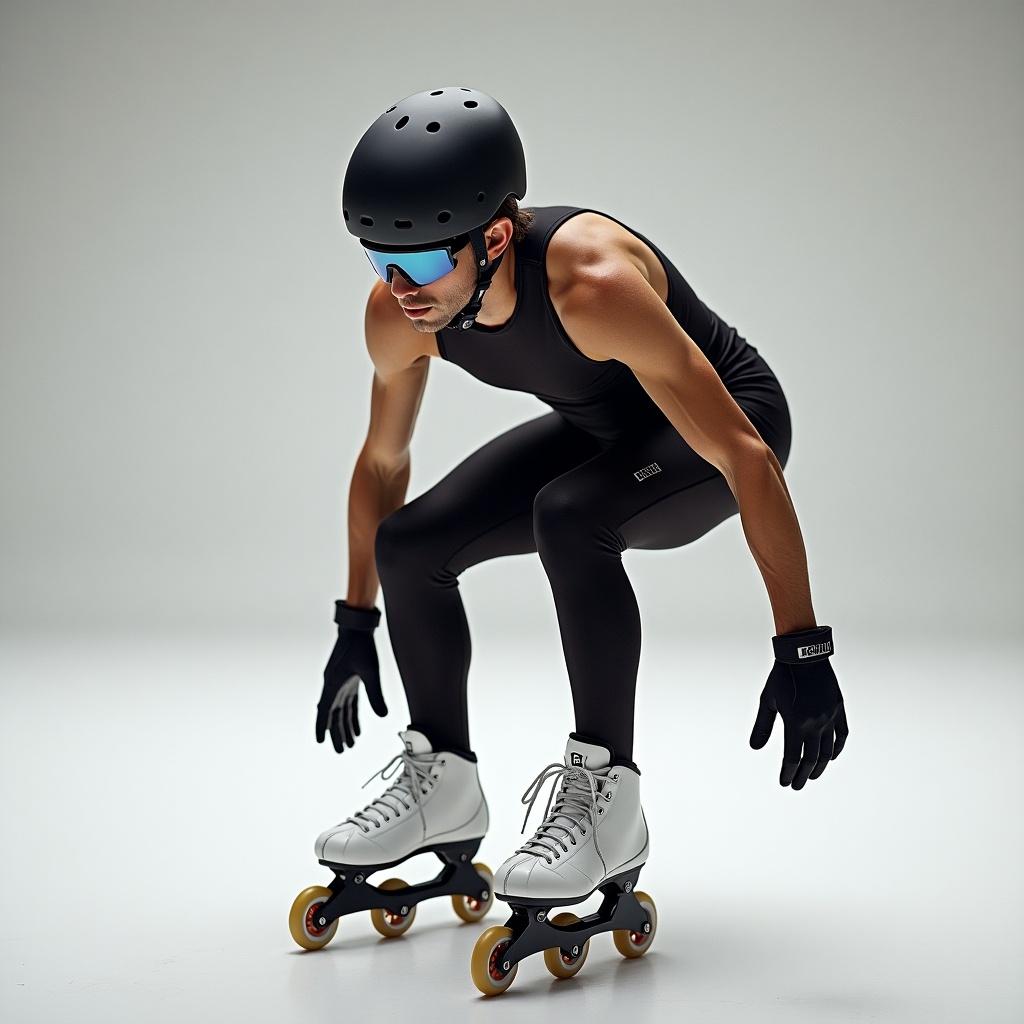 The image showcases an athlete in an inline skate uniform, captured in a dynamic stance. The athlete is wearing a snug black outfit with protective gear, including a helmet and gloves. Roller skates are fitted with white boots, enhancing the sporty look. The backdrop is neutral, emphasizing the athlete’s form and movement. This setting highlights the athleticism and skill required for inline skating, making it suitable for sports promotions or fitness campaigns.