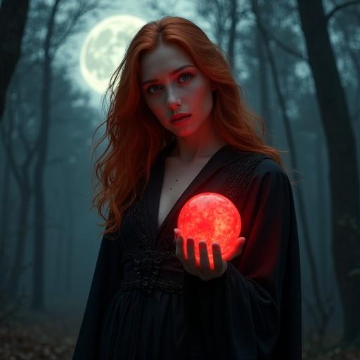 Redhead girl holding red crystal ball in dark forest. She looks at viewer with head down. Wearing long dark robe. Night scene with large moon.
