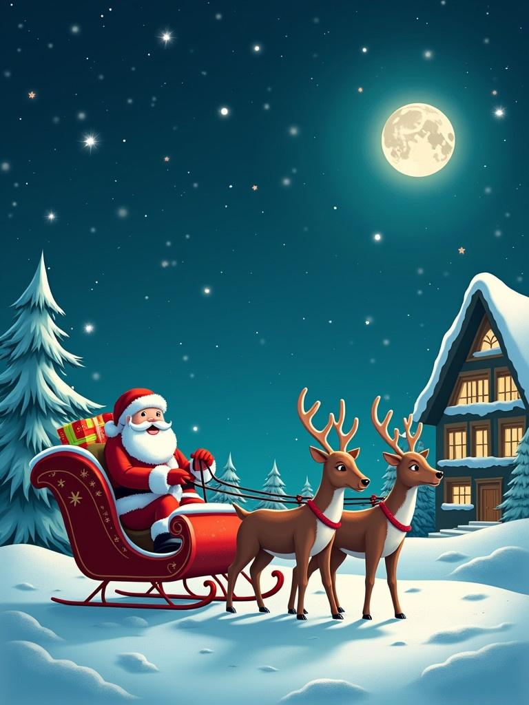 Scene of Santa Claus driving a sleigh. Two reindeer pull the sleigh. It is snowing. In the background is a triangular modern house. The moon is bright in the corner. Stars fill the night sky. Presents are placed in the sleigh.