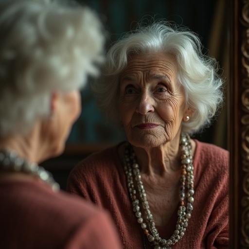 An elderly woman gazes into a mirror. She sees a reflection of her younger self. The mood is deep and reflective.