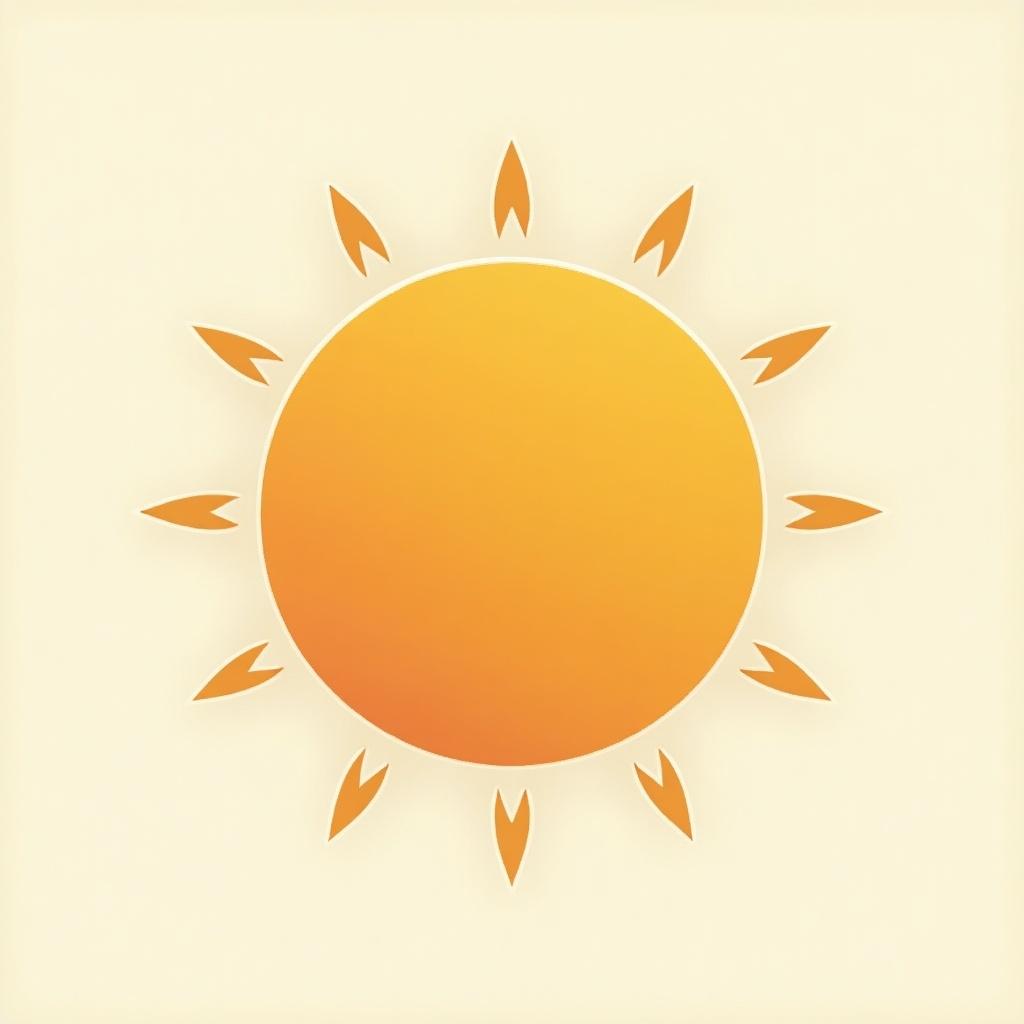 A sun icon designed with a minimalist style. The sun is circular and has an orange gradient. Simple ray-like shapes outline the sun. The background is a subtle light beige.