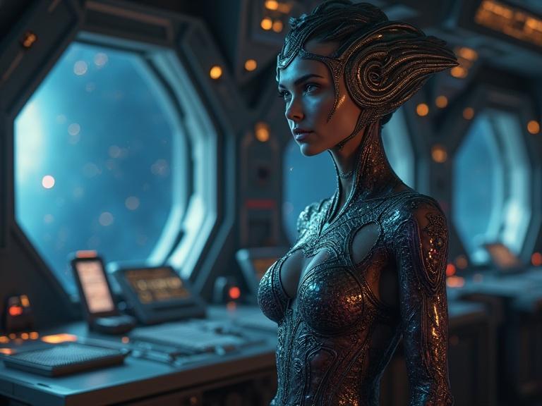Image of a beautiful alien princess with iridescent skin standing on the bridge of a futuristic starship. She commands the crew with grace. Stars visible through the viewport.
