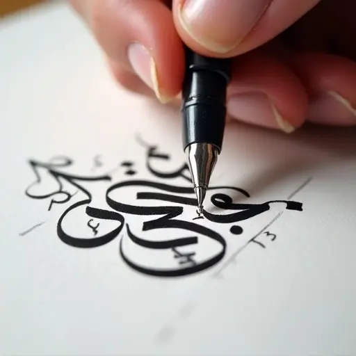 Hand writing with a pen. Arabic calligraphy being created. Elegant script design. Writing technique in detail.