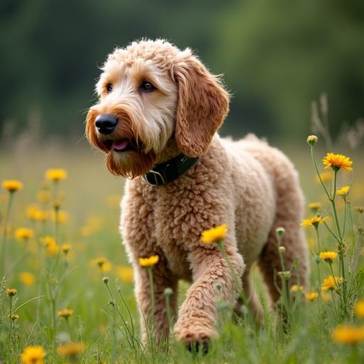 Brown dog with curly fur walking through a meadow filled with yellow flowers