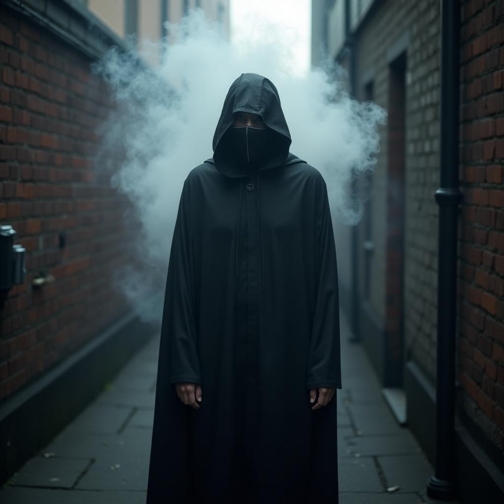 Cloaked figure standing in a narrow alley surrounded by fog. The figure wears a hooded cloak. Smoke swirls around in the eerie setting. Urban background features brick walls. Heavy rain enhances the atmosphere.