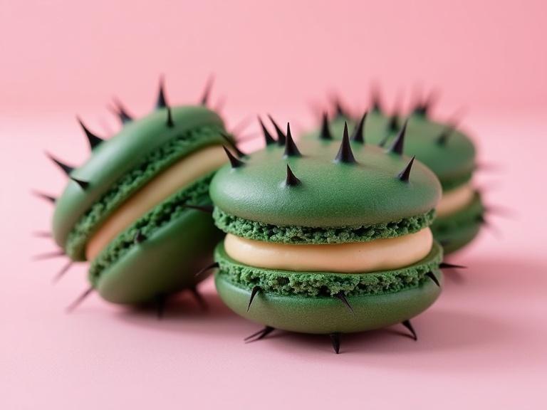 Close-up of macarons designed to look like a cactus. Green macarons with spikes on the outside. Creamy filling visible between two shells. Soft pink background enhances visual appeal. Focus on textures and details. Photographed with high resolution.